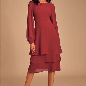 Lulus Elegant Layered Long-Sleeve Midi Dress in Burgundy